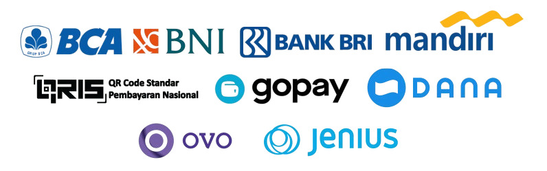 Bank BCA, Bank BNI, Bank BRI, Bank Mandiri, E-wallet QRIS, E-wallet Gopay, E-wallet Dana, E-wallet Ovo, E-wallet Jenius
